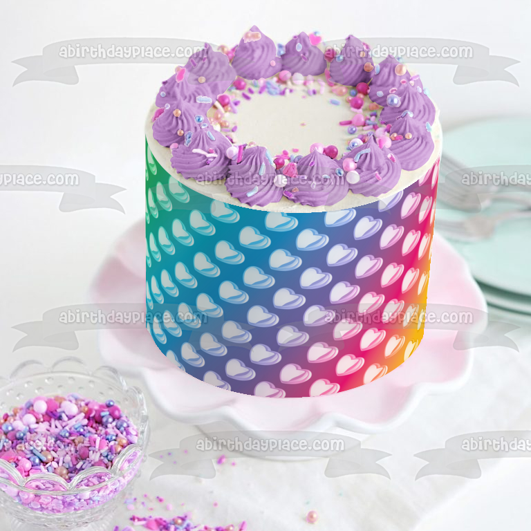 Imagen comestible para decoración de tarta con fondo teñido anudado de corazones blancos ABPID13221 