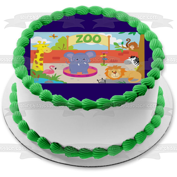 Zoo Banner Animals Giraffe Elephant Flamingo Lion Zebra Monkey Buttefly Edible Cake Topper Image ABPID13223