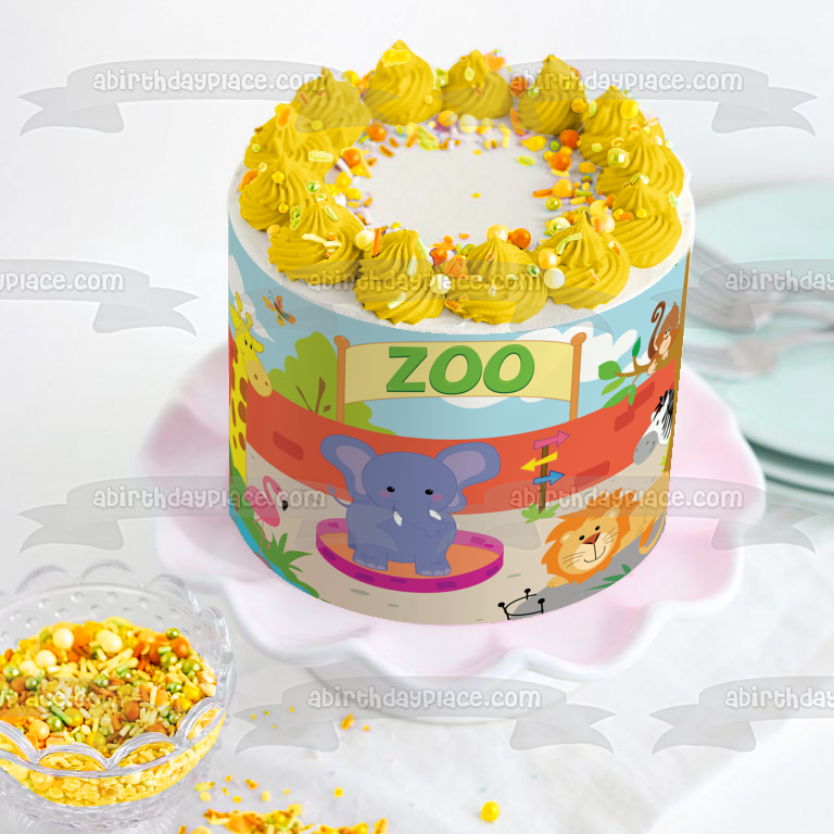 Zoo Banner Animals Giraffe Elephant Flamingo Lion Zebra Monkey Buttefly Edible Cake Topper Image ABPID13223