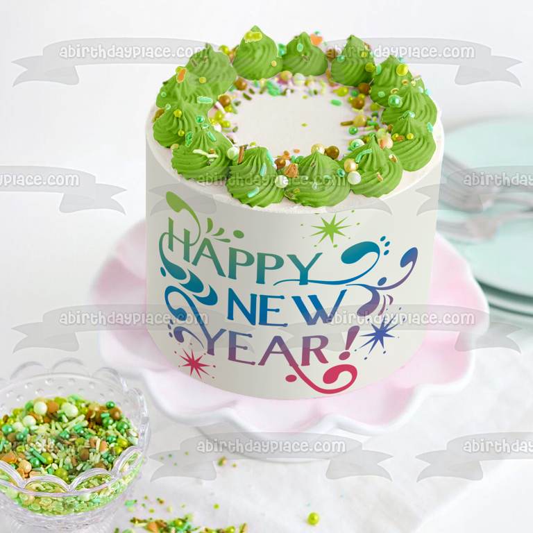 Happy New Year Stars Edible Cake Topper Image ABPID13350