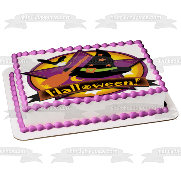 Feliz Halloween Sombrero de bruja Escoba Murciélagos Luna Estrellas Imagen comestible para pastel ABPID13226 