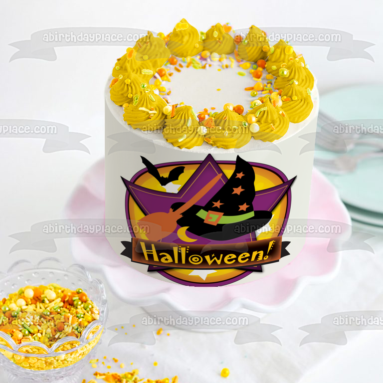 Feliz Halloween Sombrero de bruja Escoba Murciélagos Luna Estrellas Imagen comestible para pastel ABPID13226 