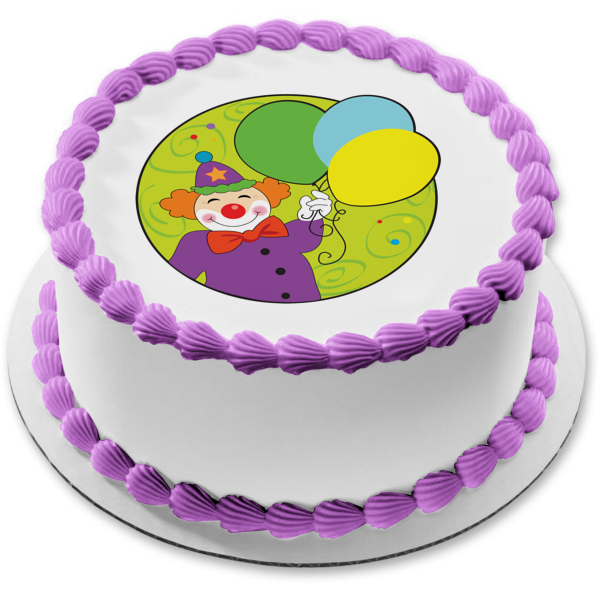 Cartoon Clown Happy Birthday Green Blue Yellow Balloons Edible Cake Topper Image ABPID13234