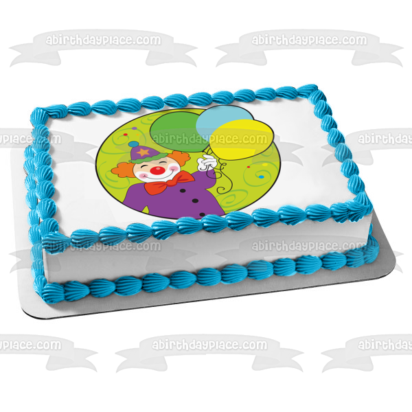 Cartoon Clown Happy Birthday Green Blue Yellow Balloons Edible Cake Topper Image ABPID13234