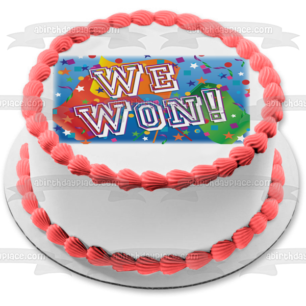 We Won Flags Streamers Confetti Blue Background Edible Cake Topper Image ABPID13235