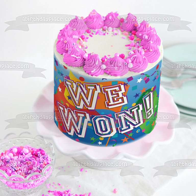 We Won Flags Streamers Confetti Blue Background Edible Cake Topper Image ABPID13235