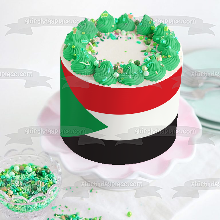 Decoración comestible para tarta con bandera de Sudán, verde, rojo, blanco y negro, imagen ABPID13241 