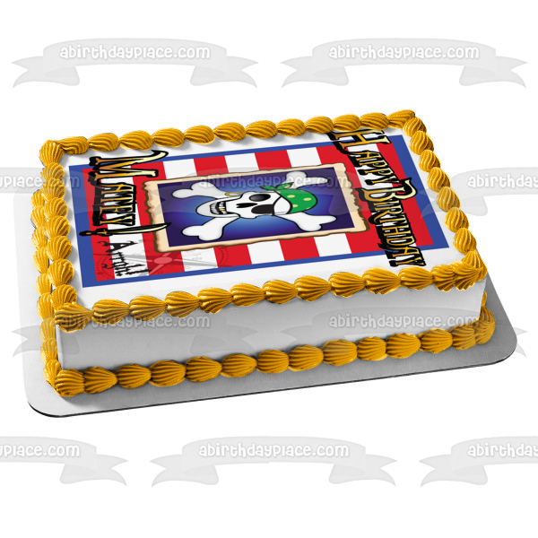 Feliz cumpleaños Matey Arrgh Espada Calavera Tibias cruzadas Imagen comestible para tarta ABPID13244 