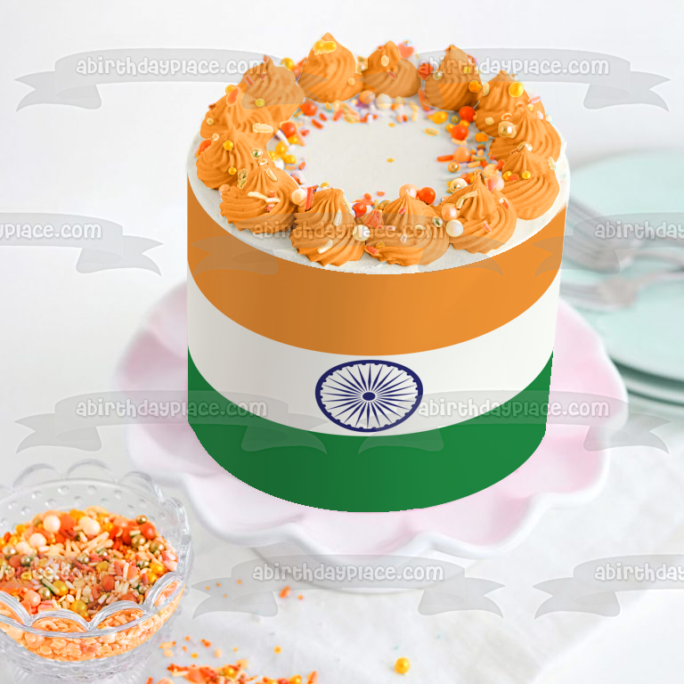 Bandera de la India Verde Blanco Naranja Azul Rayas Azul Ashoka Chakra Decoración comestible para tarta Imagen ABPID13245 