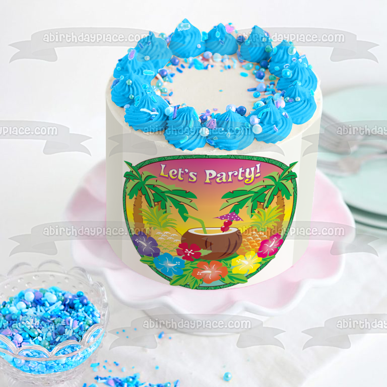 Let's Party Hawaiian Luau Palmeras Coco Piña Flores Decoración comestible para tarta Imagen ABPID13247 