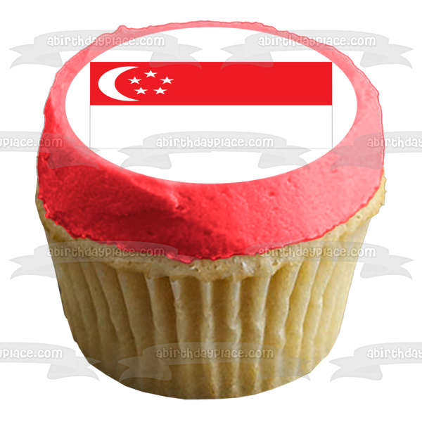 Imagen comestible para tarta con diseño de bandera de Singapur, color rojo y blanco, luna y estrellas, ABPID13375