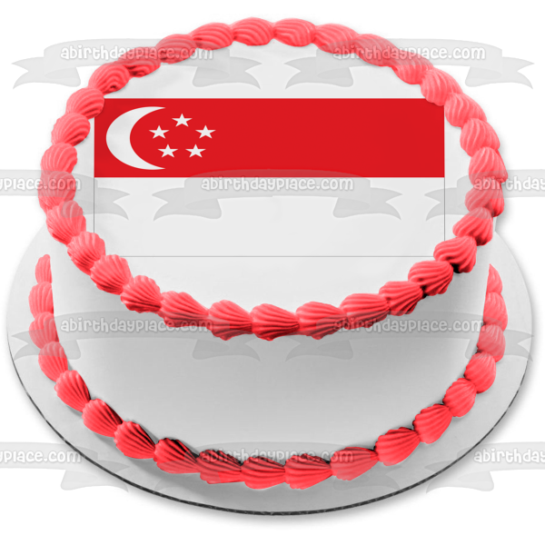 Imagen comestible para tarta con diseño de bandera de Singapur, color rojo y blanco, luna y estrellas, ABPID13375