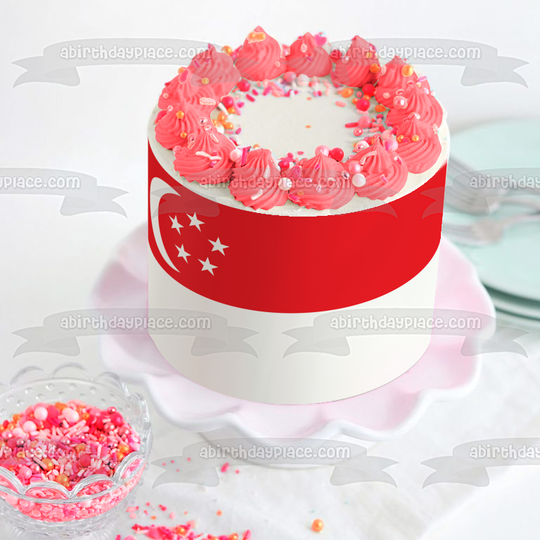 Imagen comestible para tarta con diseño de bandera de Singapur, color rojo y blanco, luna y estrellas, ABPID13375