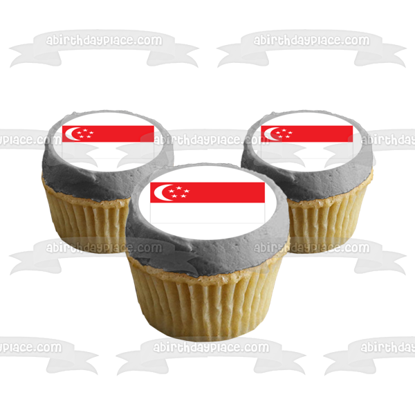 Imagen comestible para tarta con diseño de bandera de Singapur, color rojo y blanco, luna y estrellas, ABPID13375