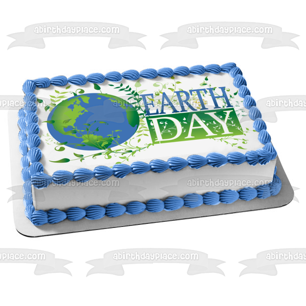 Earth Day Globe Green Leaves Edible Cake Topper Image ABPID13258