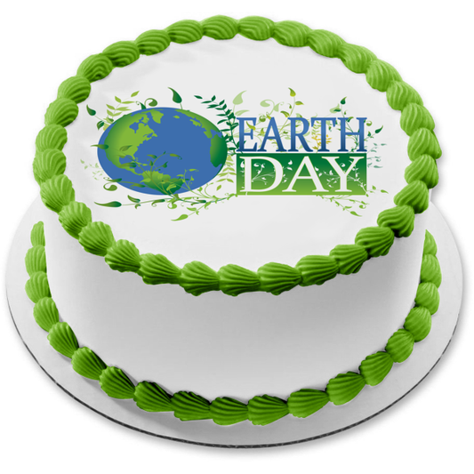 Earth Day Globe Green Leaves Edible Cake Topper Image ABPID13258