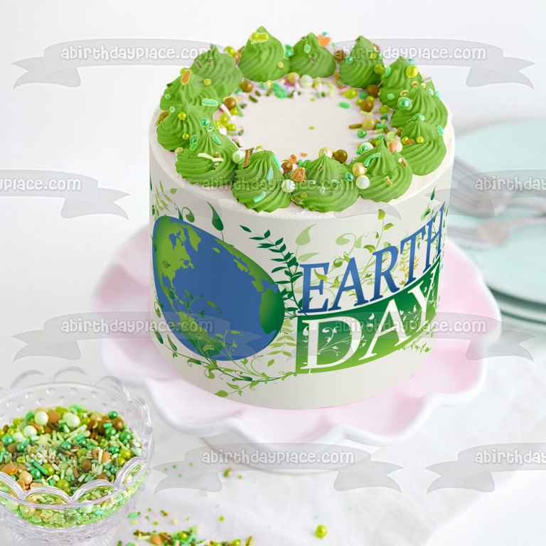 Earth Day Globe Green Leaves Edible Cake Topper Image ABPID13258