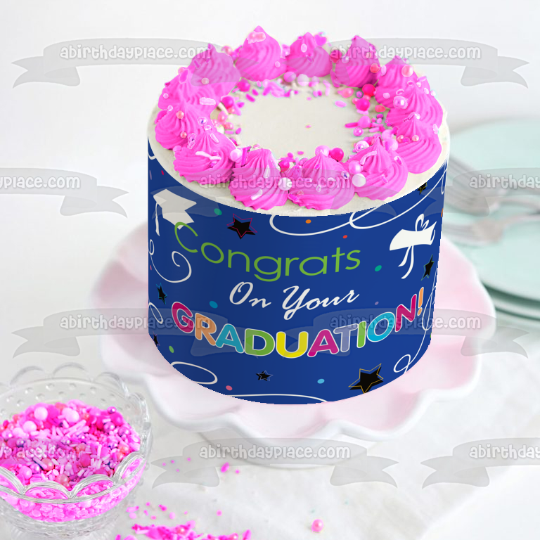 Congrats on Your Graduation Caps Diploma Stars Edible Cake Topper Image ABPID13382