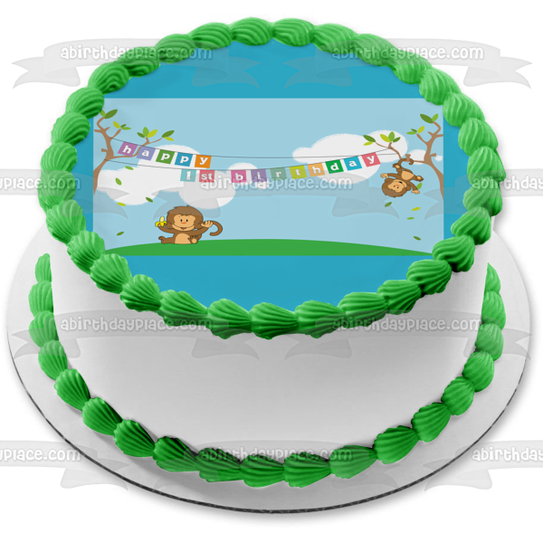 Feliz primer cumpleaños, monos, pancarta, árboles, decoración comestible para tarta, imagen ABPID13383 