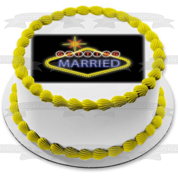 Getting Married Vegas Lights Star Black Background Edible Cake Topper Image ABPID13265