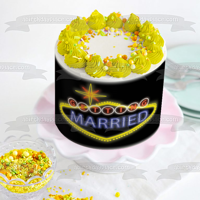 Getting Married Vegas Lights Star Black Background Edible Cake Topper Image ABPID13265