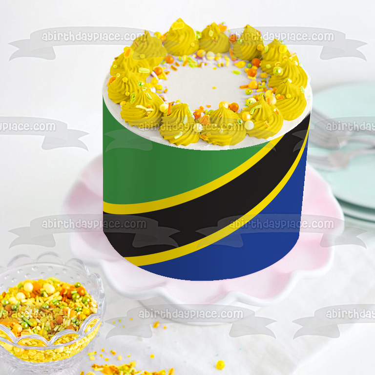 Decoración comestible para tarta con la bandera de Tanzania, color verde, amarillo, negro y azul, imagen ABPID13276 