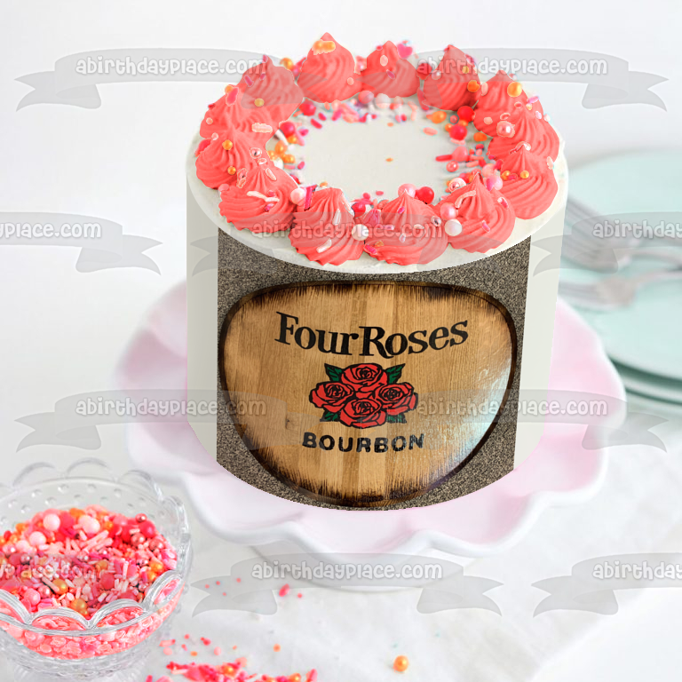 Adorno comestible para tarta con logotipo de Four Roses Bourbon en madera, imagen ABPID56239 