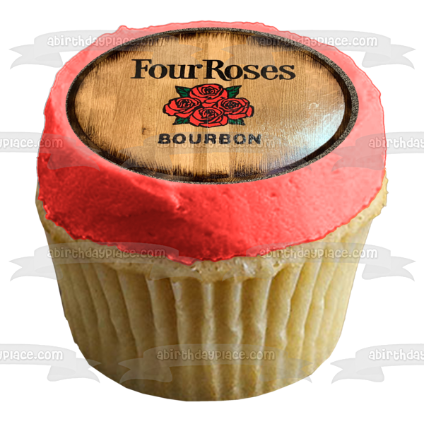 Adorno comestible para tarta con logotipo de Four Roses Bourbon en madera, imagen ABPID56239 