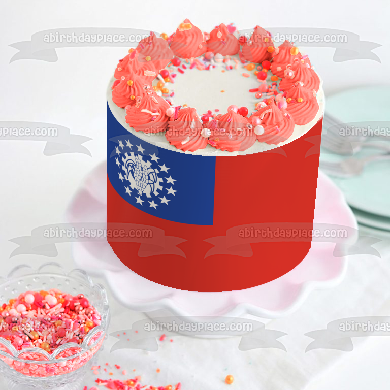 Flag of Myanmar Red White Blue Edible Cake Topper Image ABPID13279