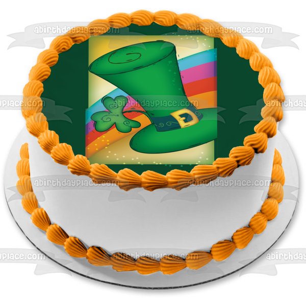 Feliz día de San Patricio Sombrero de duende Trébol de 4 hojas Arco iris Adorno comestible para tarta Imagen ABPID13286 