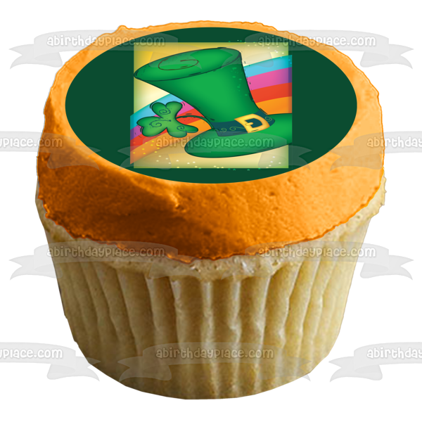 Feliz día de San Patricio Sombrero de duende Trébol de 4 hojas Arco iris Adorno comestible para tarta Imagen ABPID13286 