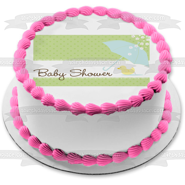 Baby Shower Umbella Azul Flores De Pollito Rosa Fondo De Lunares Verdes Imagen De Adorno Comestible Para Pastel ABPID13405 