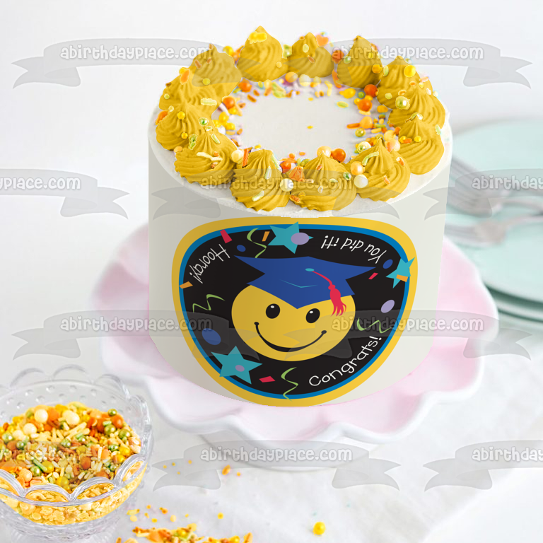 Graduation Congratulations You Did It Hooray Smiley Face Graduation Cap Edible Cake Topper Image ABPID13287