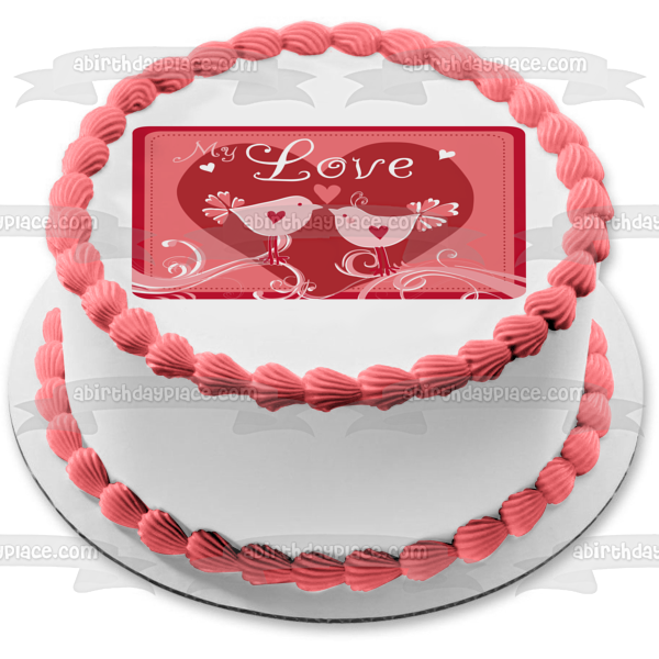 Feliz aniversario, mi amor, tortolitos, corazones, decoración comestible para tarta, imagen ABPID13288 