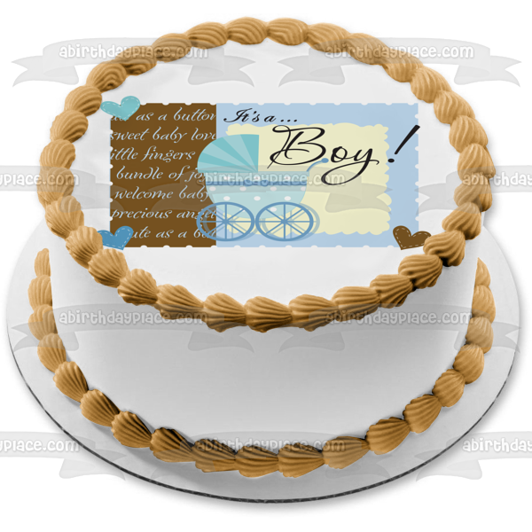 Baby Shower Es un niño Cochecito azul Corazones azules Adorno comestible para tarta Imagen ABPID13600 