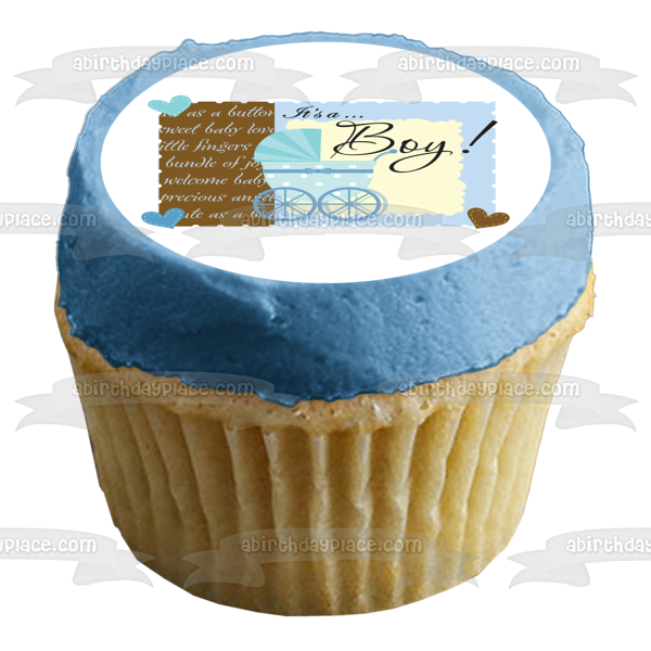 Baby Shower Es un niño Cochecito azul Corazones azules Adorno comestible para tarta Imagen ABPID13600 