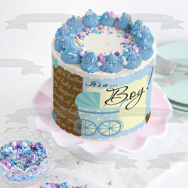 Baby Shower Es un niño Cochecito azul Corazones azules Adorno comestible para tarta Imagen ABPID13600 