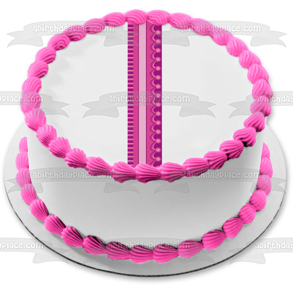 Adorno comestible para tarta con diseño de rayas y corazones de color rosa y morado, imagen ABPID13436 