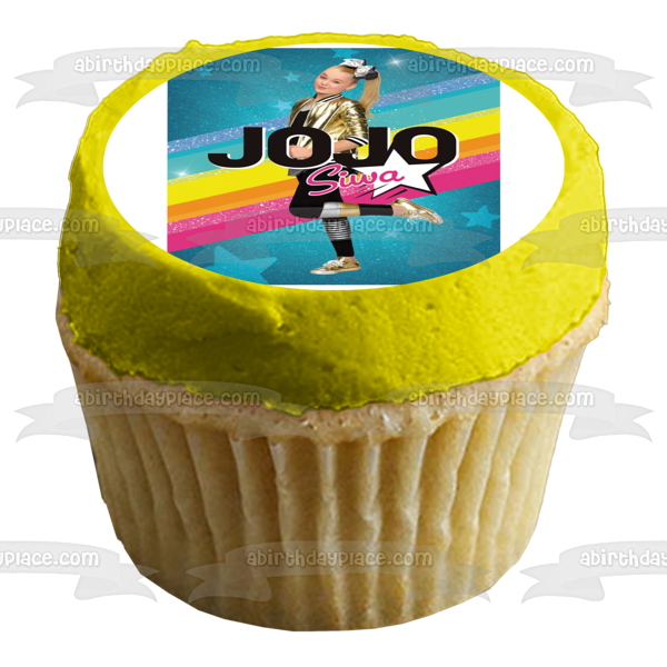 Imagen comestible para decoración de tarta con fondo de estrellas azules arcoíris de Jojo Siwa ABPID14995 