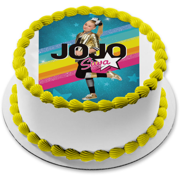 Imagen comestible para decoración de tarta con fondo de estrellas azules arcoíris de Jojo Siwa ABPID14995 