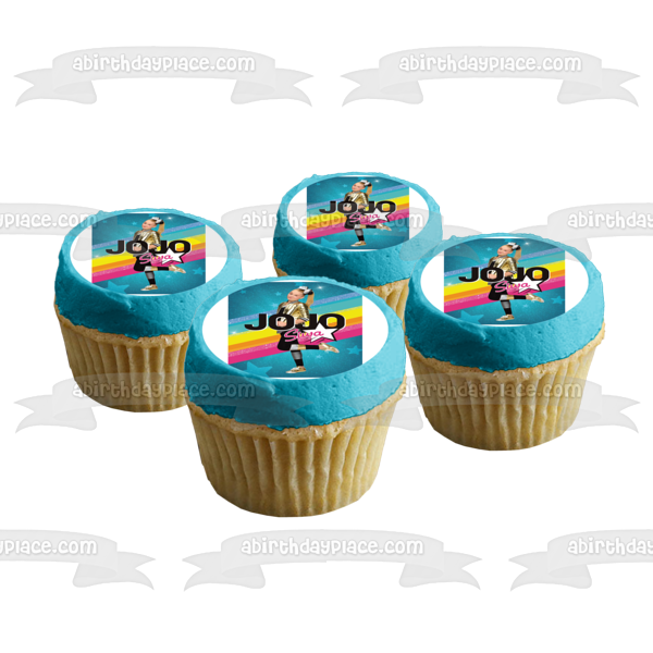 Imagen comestible para decoración de tarta con fondo de estrellas azules arcoíris de Jojo Siwa ABPID14995 