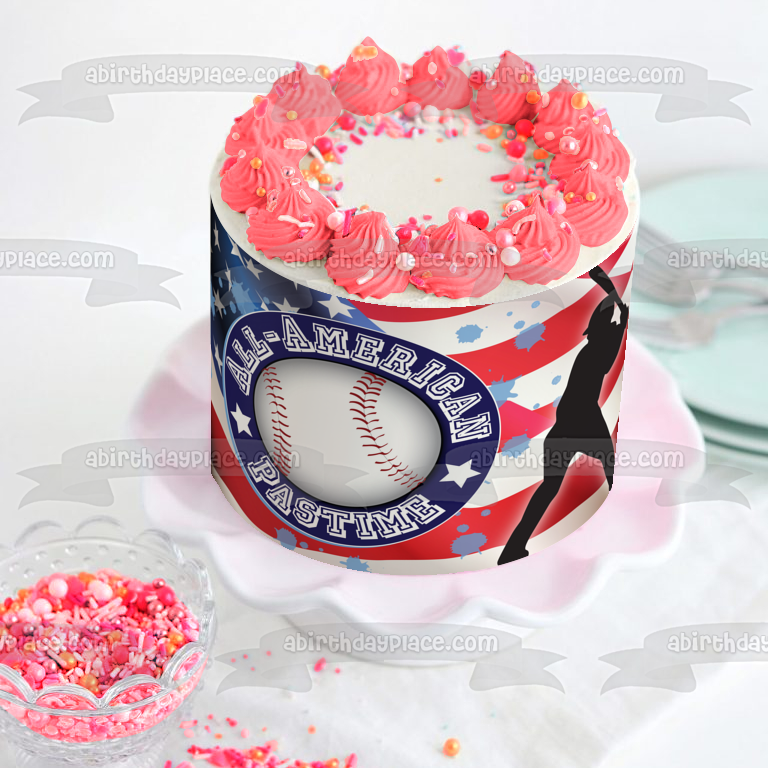 All-American Past Time Baseball Player American Flag Sports Baseball Edible Cake Topper Image ABPID13484