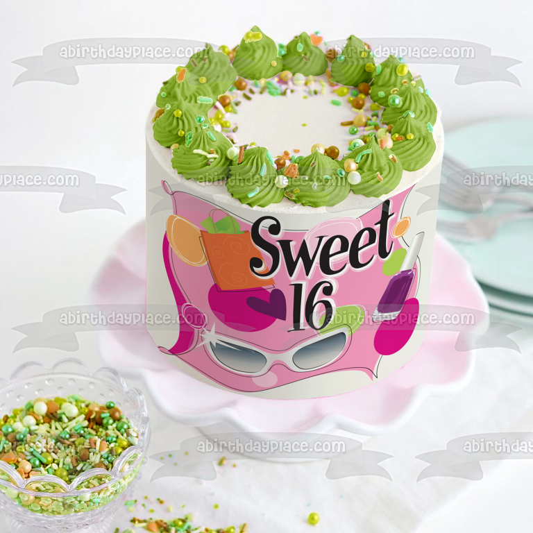 Happy Birthday Sweet 16 Present Sunglasses Nail Polish Edible Cake Topper Image ABPID13510