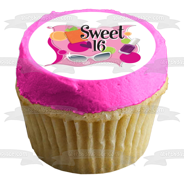 Happy Birthday Sweet 16 Present Sunglasses Nail Polish Edible Cake Topper Image ABPID13510