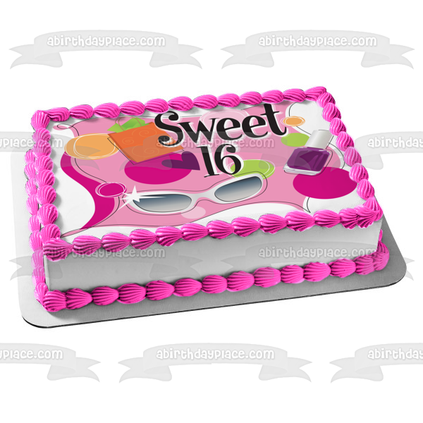 Happy Birthday Sweet 16 Present Sunglasses Nail Polish Edible Cake Topper Image ABPID13510