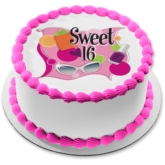 Happy Birthday Sweet 16 Present Sunglasses Nail Polish Edible Cake Topper Image ABPID13510