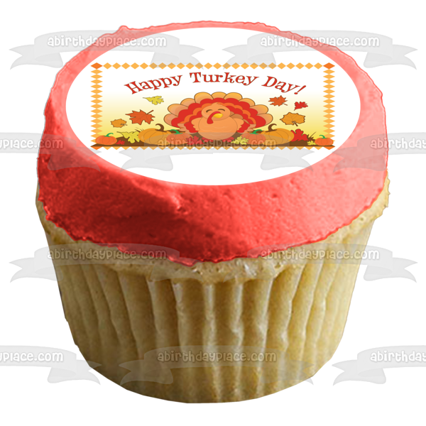 Happy Turkey Day Turkey Pumpkins Leaves Edible Cake Topper Image ABPID13511