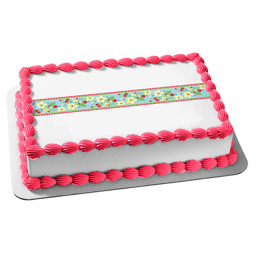 Flowers Strawberries Pink Polka Dot Edges Edible Cake Topper Image ABPID13515