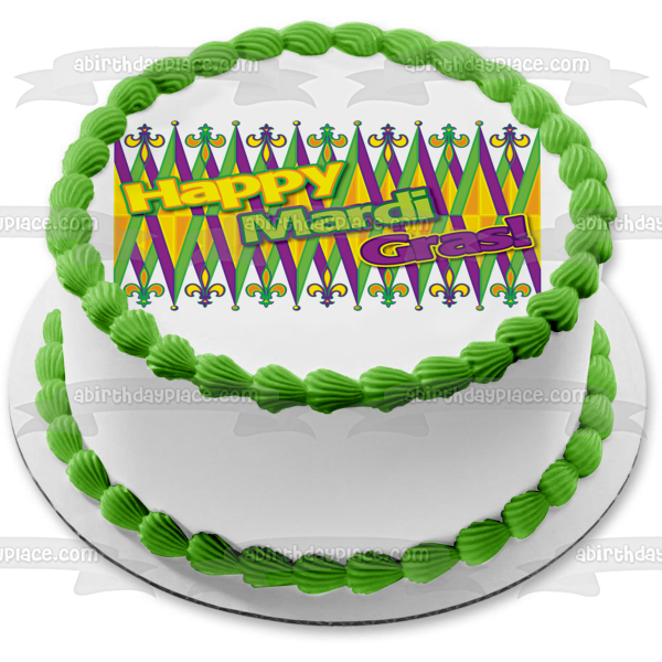 Happy Mardi Gras Green Purple Yellow Edible Cake Topper Image ABPID13519