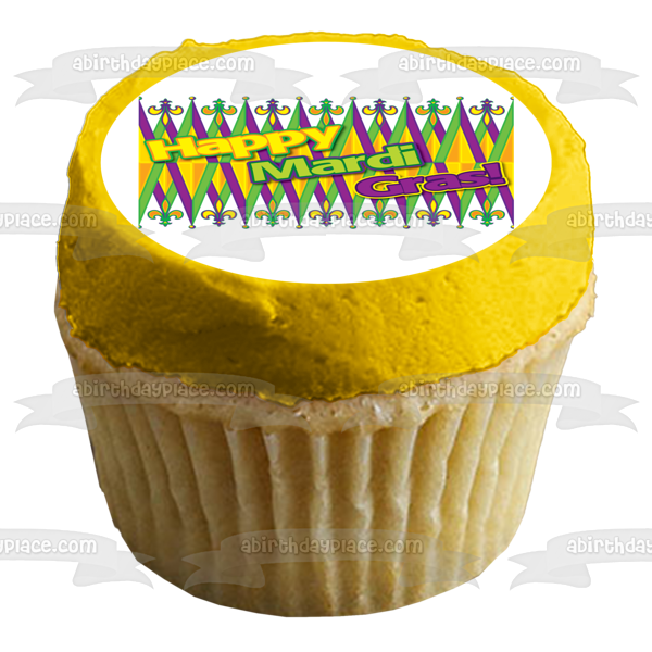 Happy Mardi Gras Green Purple Yellow Edible Cake Topper Image ABPID13519